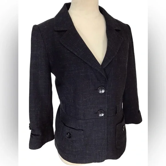Classiques Entier Dark Blue Wool Linen Lined 3/4 Sleeve Blazer Jacket Size 8 - Picture 3 of 7